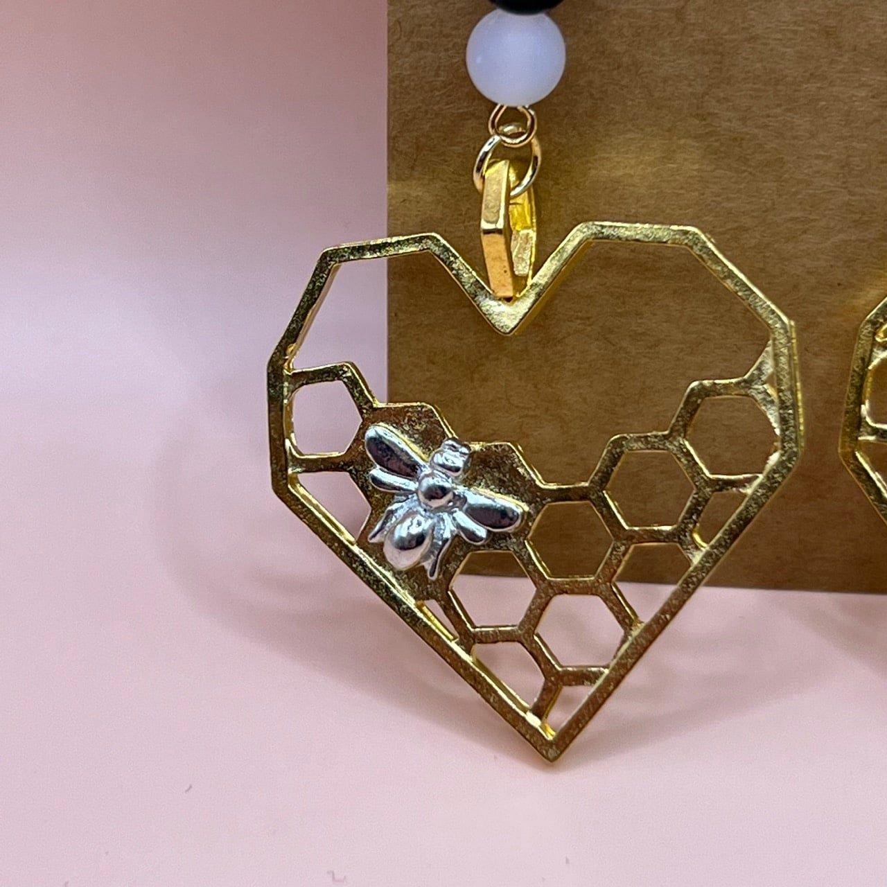 Honeycomb Heart Bee Earrings - Image 3